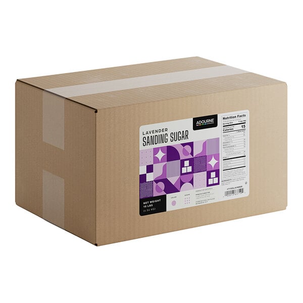 A large cardboard box labeled as Adourne Fine Lavender Sanding Sugar, weighing 10 pounds.