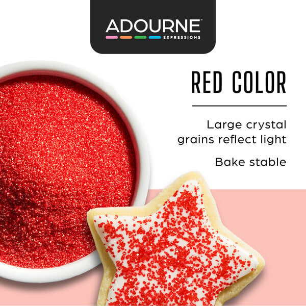 Graphic showing fine red sanding sugar on a cookie with product features.