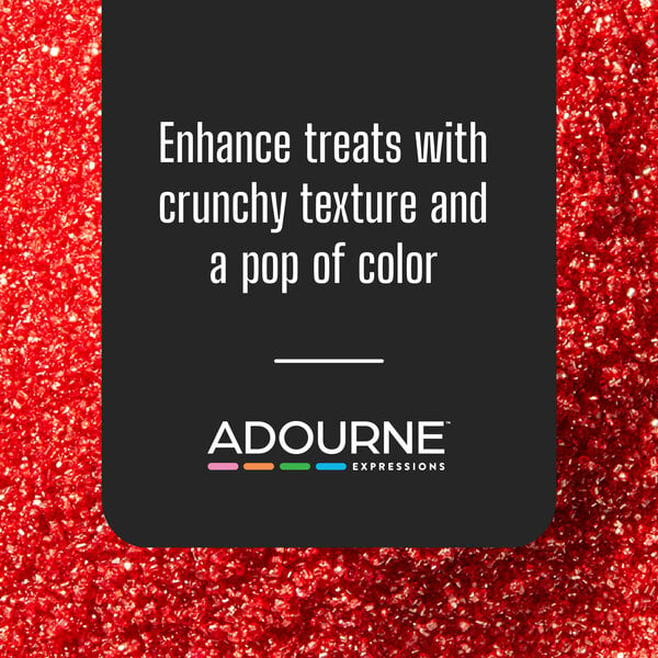 Graphic highlighting fine red sanding sugar for adding crunchy texture and color to treats.