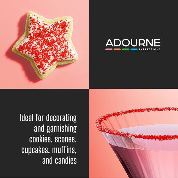 Graphic showing red sanding sugar on baked goods with suggested decorating uses.