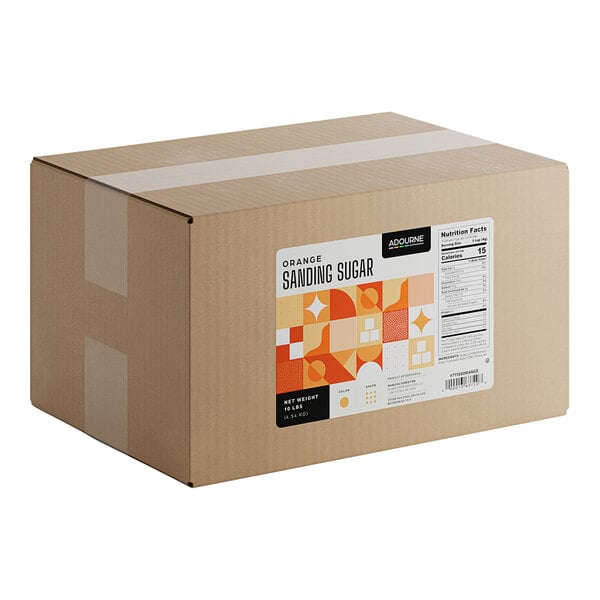 A large cardboard box labeled as containing 10 pounds of Adourne Fine Orange Sanding Sugar.
