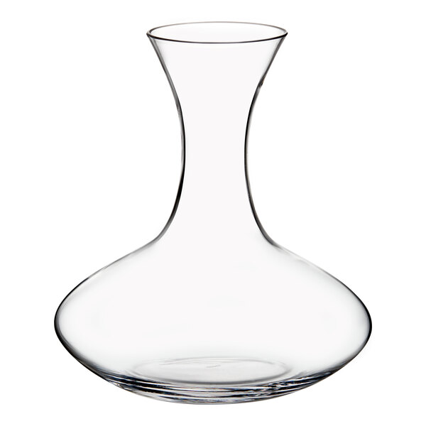 A Stolzle clear glass decanter with a thin neck.