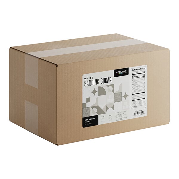 A large cardboard box labeled as containing 10 pounds of Adourne fine white sanding sugar.