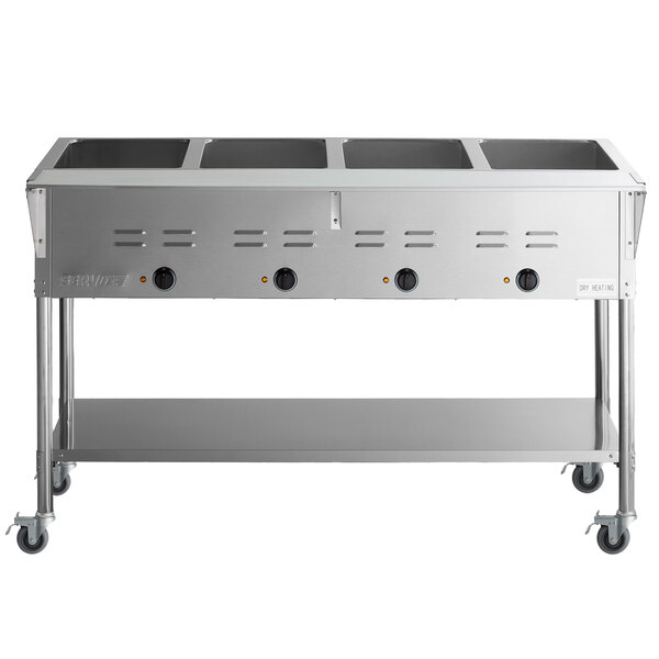 A large stainless steel ServIt electric steam table with an undershelf.