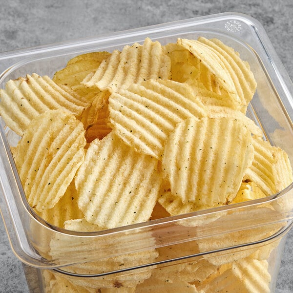 A white Martin's box filled with Sour Cream & Onion potato chips.
