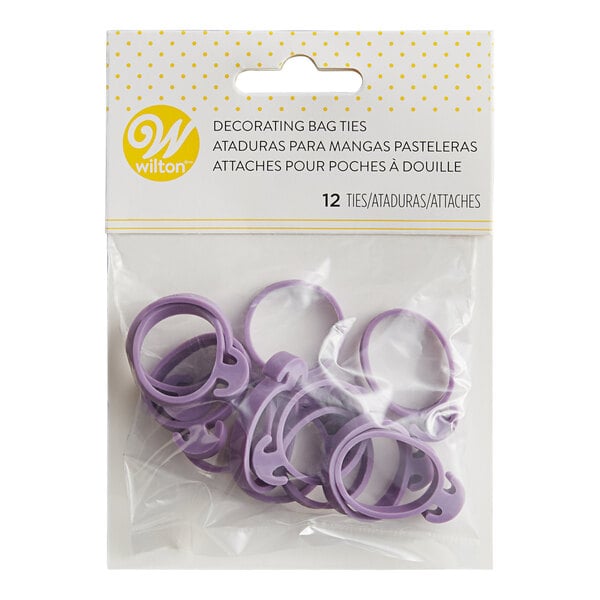 A package containing twelve purple plastic or rubber rings, labeled as decorating bag ties.
