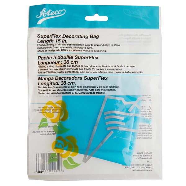 A blue package of Ateco blue and white thermoplastic polyurethane pastry bags with a logo on it.