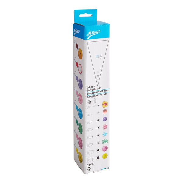 A rectangular box with colorful images of decorated cupcakes and piping tips on the sides, labeled with product details and dimensions.