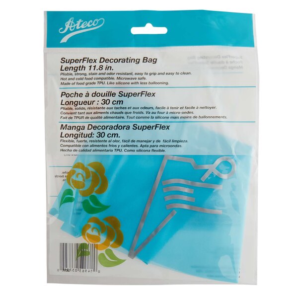 A blue and white Ateco reusable pastry bag with text and images.