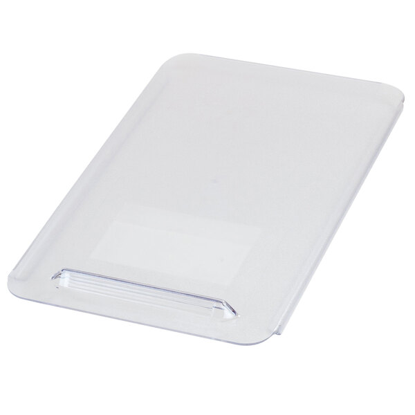 A clear plastic cover with a white label.