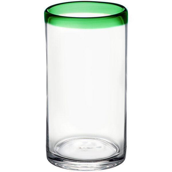 A clear Acopa cooler glass with a green rim.