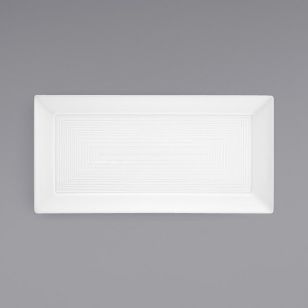 A white rectangular Front of the House porcelain plate.