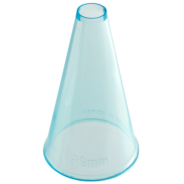 A clear cone shaped plastic container with a lid.