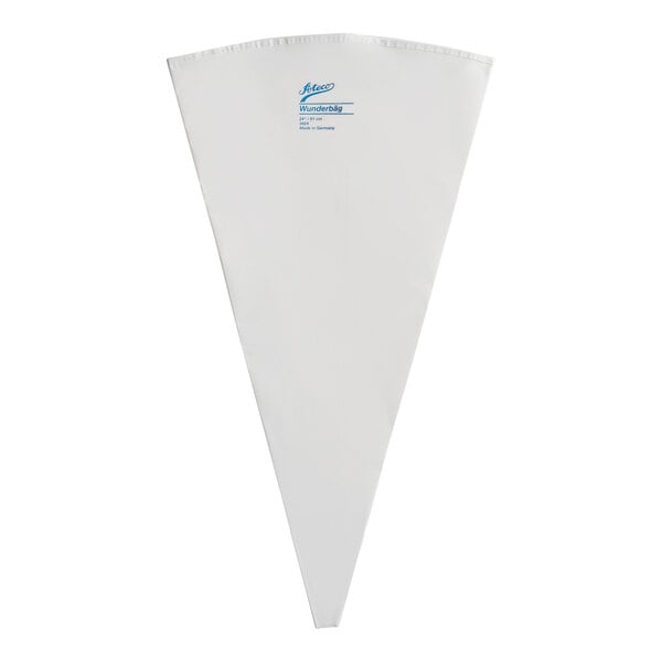 A large, white, triangular pastry bag with blue text near the top center.