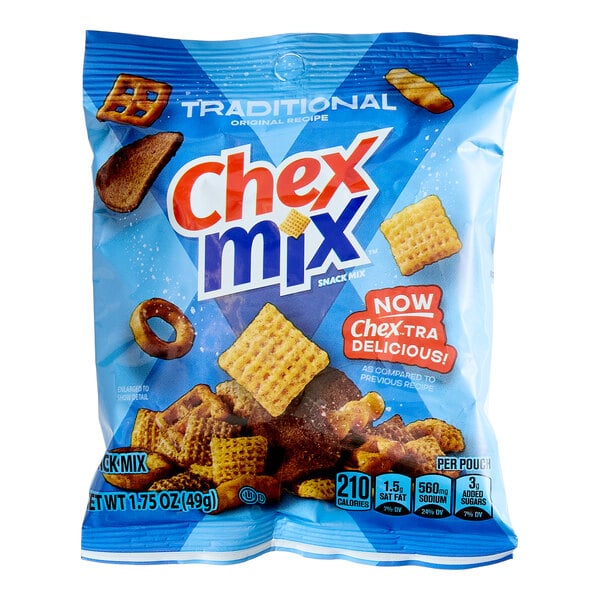 A 1.75 oz. bag of Traditional Chex Mix snack mix.