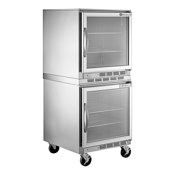 A Beverage-Air undercounter refrigerator with two glass doors on a stainless steel cabinet.