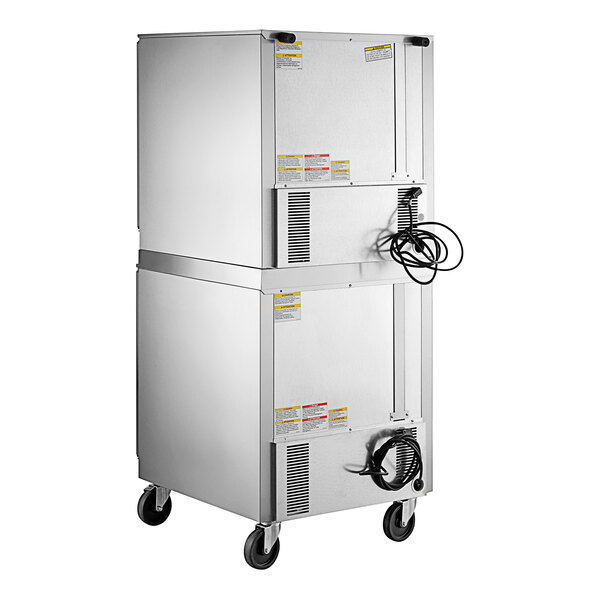 A white rectangular Beverage-Air undercounter refrigerator with glass doors and wheels.