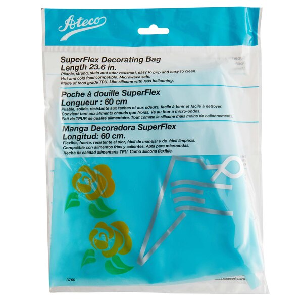 A blue Ateco plastic pastry bag with a yellow flower design.