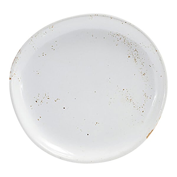 A round, white porcelain plate with a slightly rustic, speckled finish.
