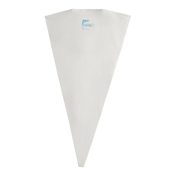 A large, white, triangular pastry bag with a slightly textured surface and a small printed label near the top.