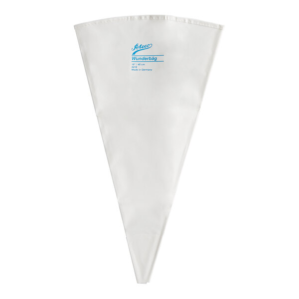 A white, triangular pastry bag with blue text printed near the top.