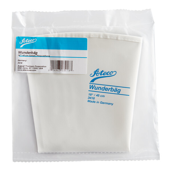 A white reusable pastry bag with blue text, packaged in a clear plastic bag.
