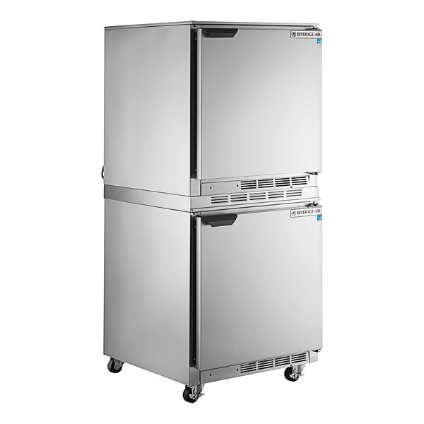 A Beverage-Air double stacked undercounter refrigerator with 3" casters.
