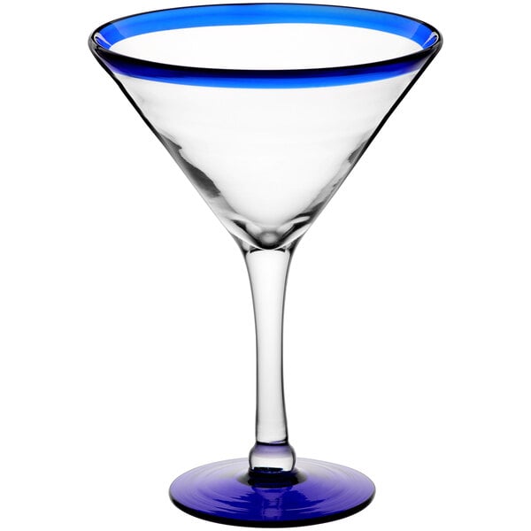 a clear glass with a blue rim
