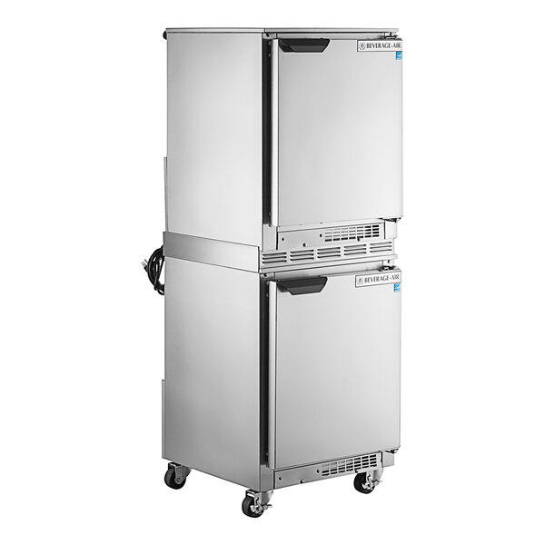 A stainless steel Beverage-Air UCR20HC-23 refrigerator with two doors on wheels.