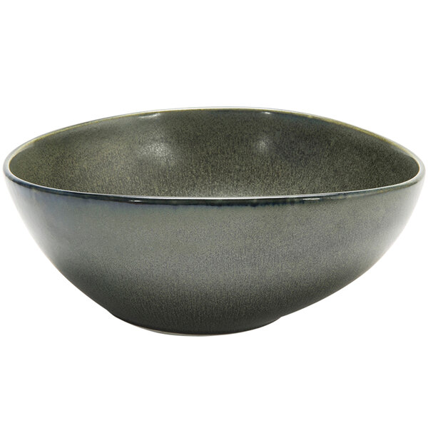 A Front of the House Kiln porcelain bowl with a white background and dark gray rim.