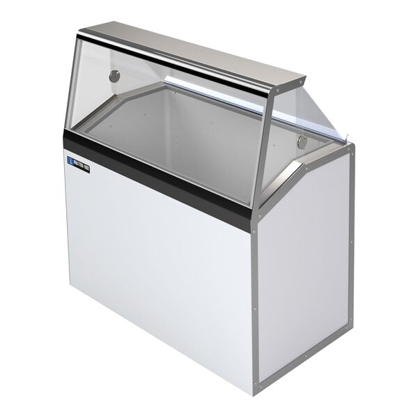 A white and silver Master-Bilt ice cream dipping cabinet on a counter.
