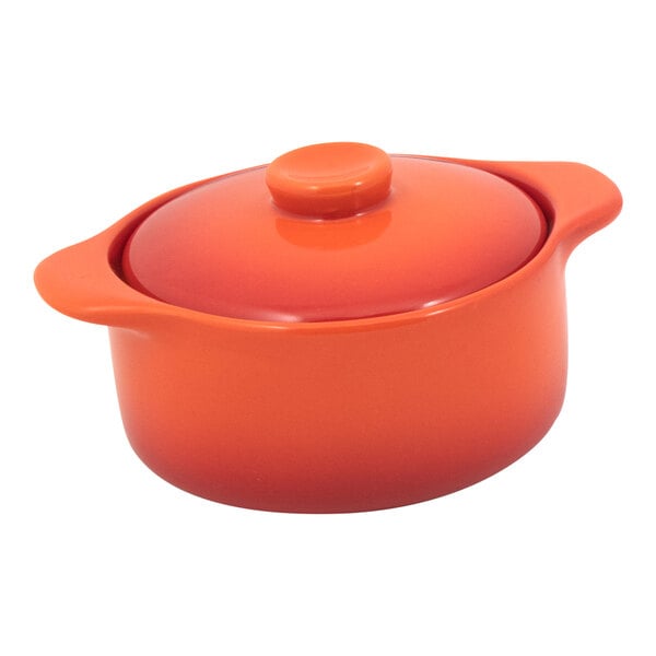 Front of the House DBO134ORC23 Kiln 7 oz. Blood Orange Round Stoneware Ovenware Dish with Lid - 12/Case