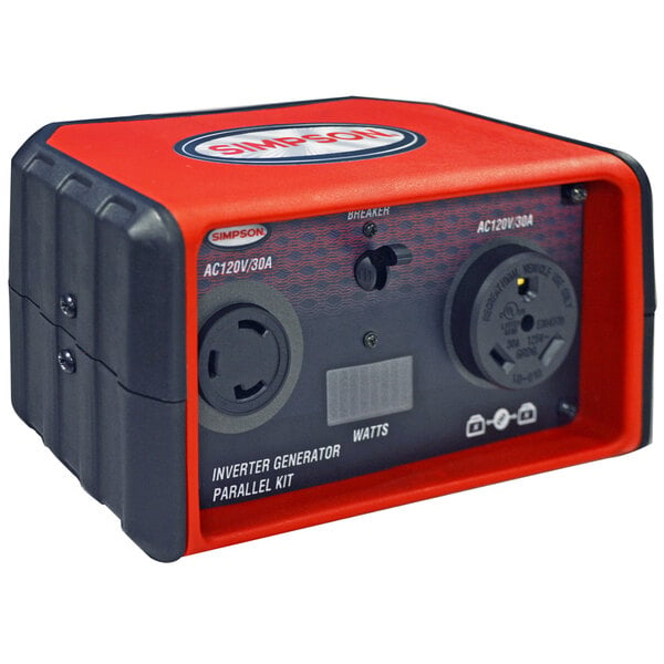 A red and black Simpson Parallel Inverter Box connected to a power generator.