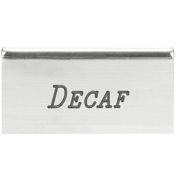 A silver stainless steel Cal-Mil decaf beverage tent on a counter.