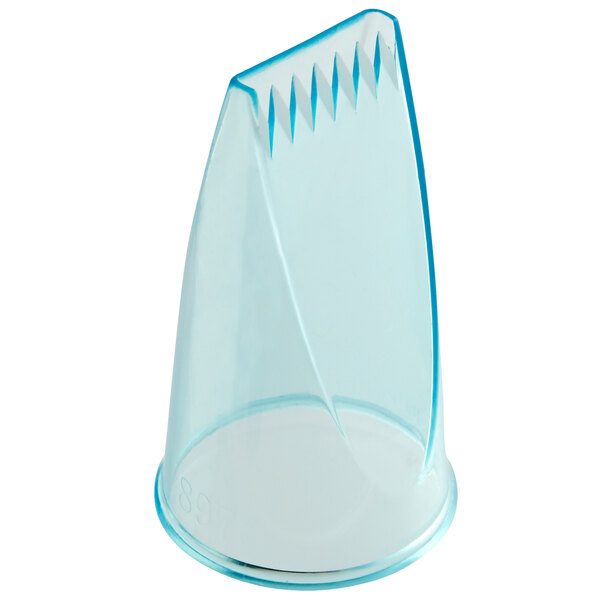 A clear plastic cone shaped container with a blue handle.
