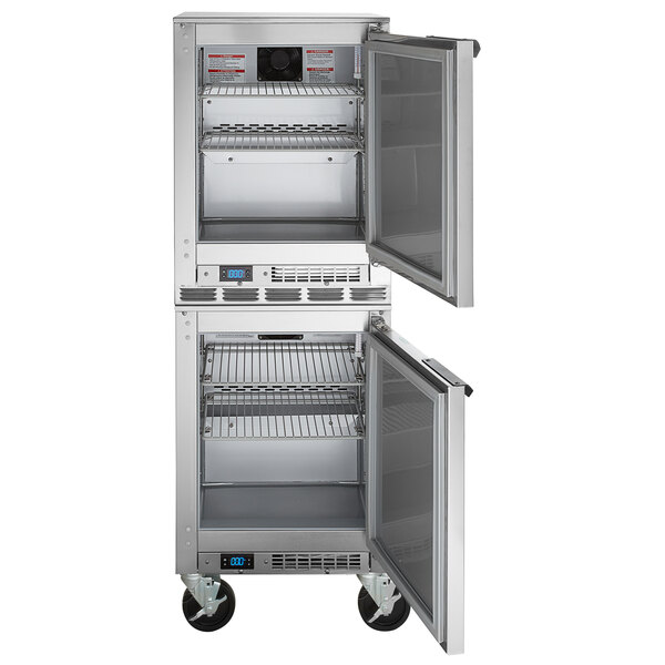 A stainless steel Beverage-Air undercounter freezer with two doors open.