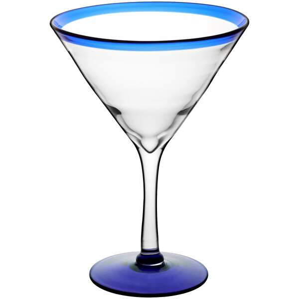 A clear martini glass with a blue rim and base.