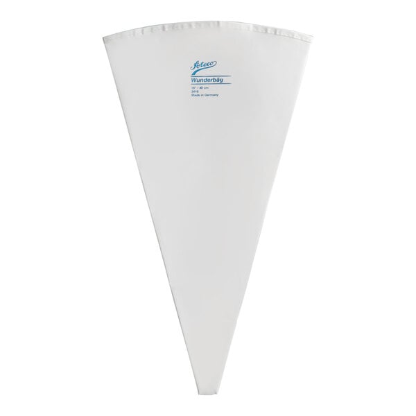 A white, cone-shaped reusable pastry bag with blue text near the top.