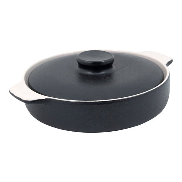 Front of the House Kiln 56 oz. Black Round Stoneware Ovenware Dish with Lid - 2/Case