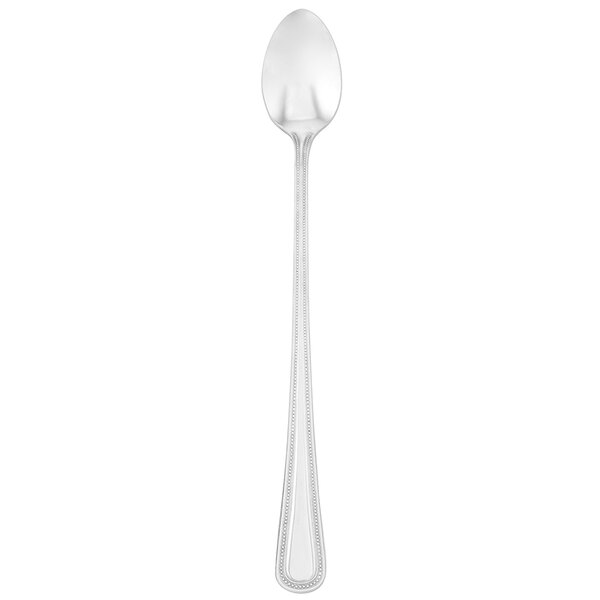 A silver spoon with a black handle.