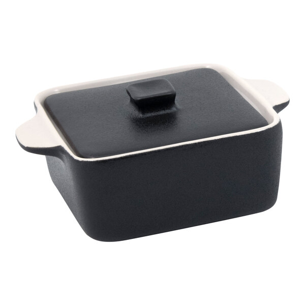 Front of the House Kiln 8 oz. Black Square Stoneware Ovenware Dish with Lid - 12/Case