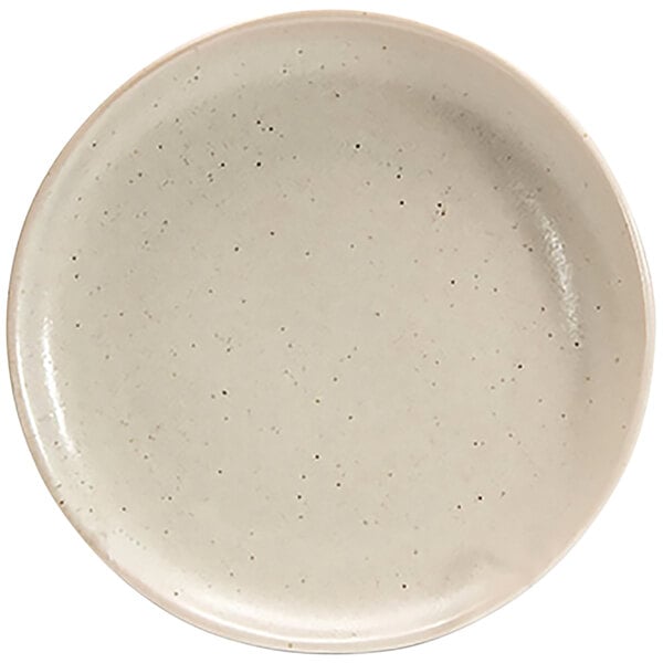 A white porcelain plate with black specks.