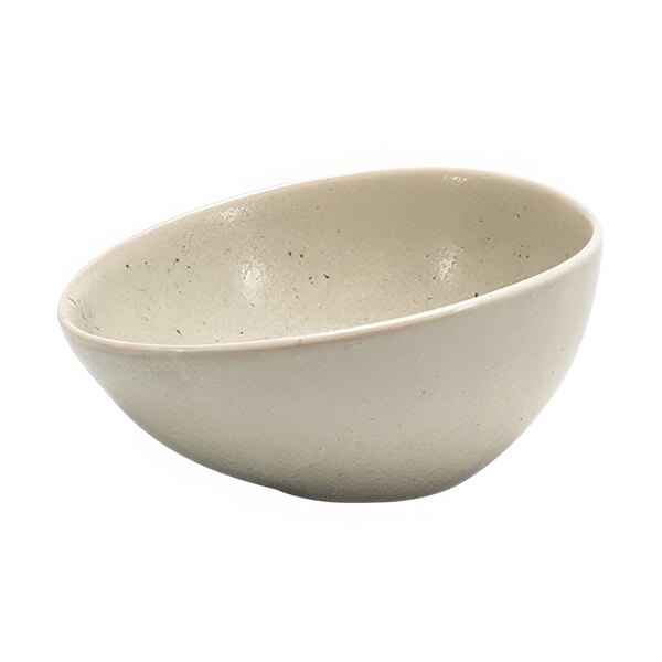 A white bowl with a speckled design on a white background.