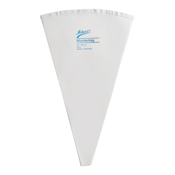A white, triangular pastry bag with blue text printed near the top.