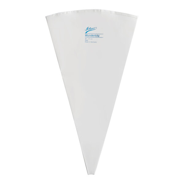 A white, triangular pastry bag with blue text near the top.