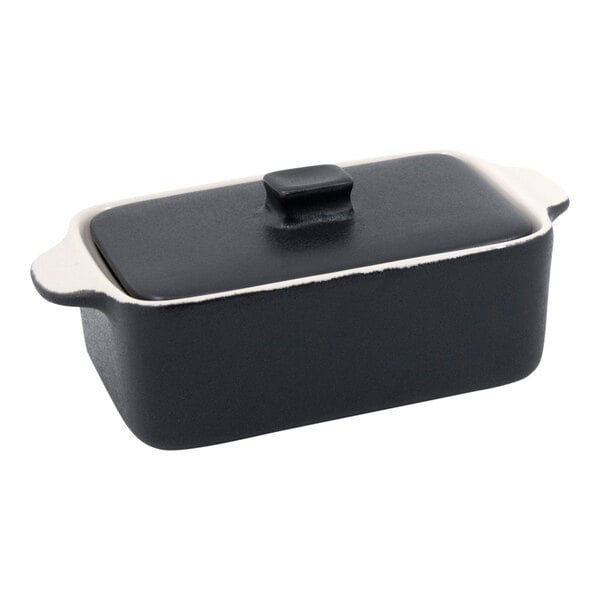 Front of the House Kiln 10 oz. Black Rectangle Stoneware Ovenware Dish with Lid - 12/Case