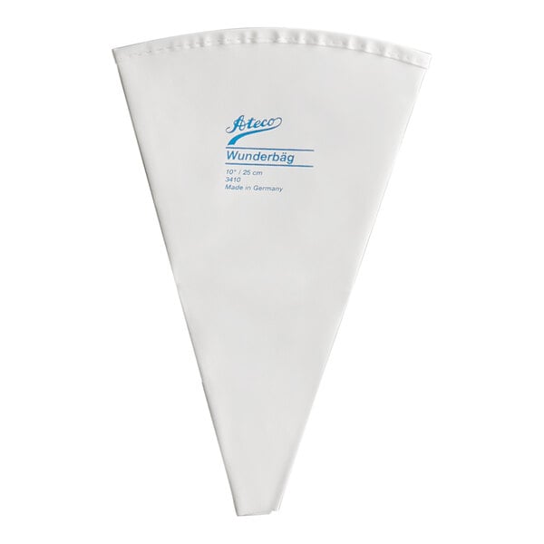 A white, triangular pastry bag with blue text printed on it.