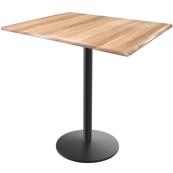 A Holland Bar Stool EnduroTop natural wood laminate counter height table with a black round base.