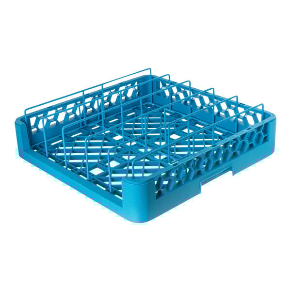 A blue plastic full size food pan or insulated meal delivery tray rack.