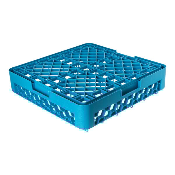 A blue plastic full size food pan or insulated meal delivery tray rack with a grid design.